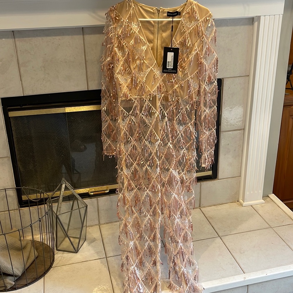 Rose Golden Tassel Sequin Plunge Jumpsuit